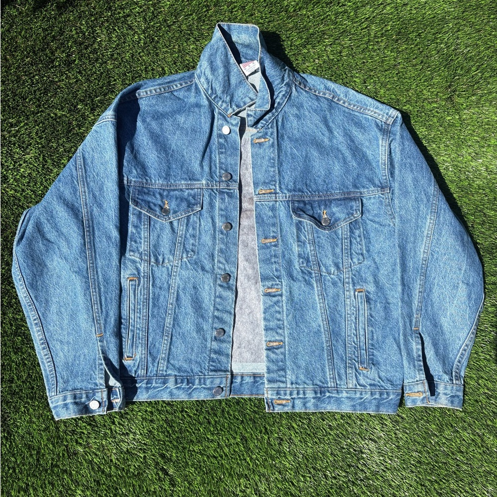 Vintage 90s Denim Jacket C-17 Globemaster III Boeing Military Plane Size Medium
